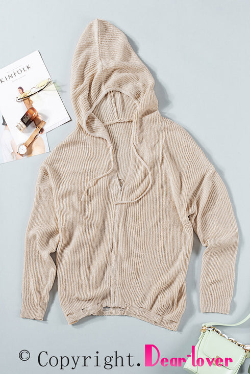 Zipper V-Neck Dropped Sleeve Hooded Solid Sweater